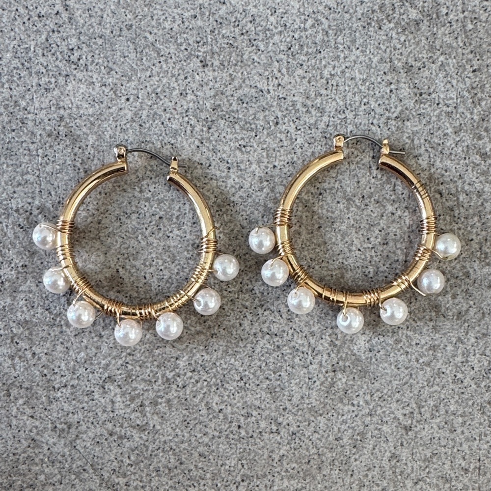 Anthropologie Gold Hoop Earrings with Pearl Charms
